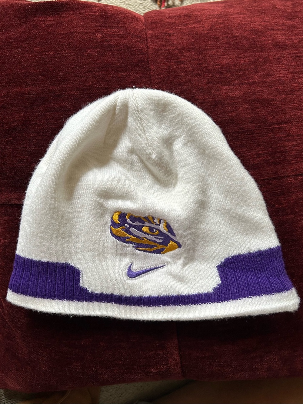 Nike White Beanie Cap with Purple and Gold LSU Tiger Embroidery Men’s Women’s